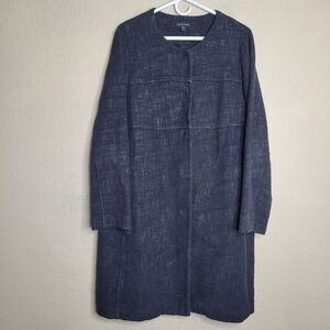 Eileen Fisher Linen Blend Long Blazer Over Coat Size Large Gray Knit Pockets
